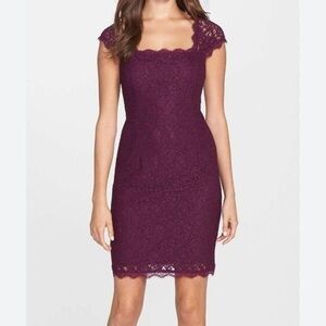 Adrianna Papell open back lace sheath dress in mulberry size 10